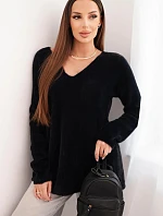 Dámský svetr s vlnou a výstřihem do V černý