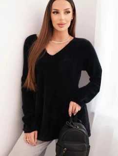 Dámský svetr s vlnou a výstřihem do V černý