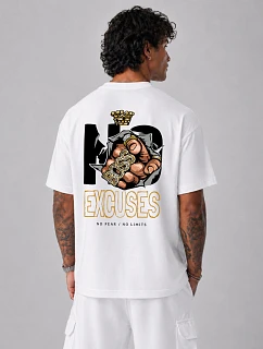 Pánské bavlněné tričko oversize s potiskem No Excuses bílé NX4006R