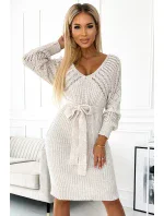 507-1 Ažurové svetrové šaty s výstřihem a vázáním - BEACH