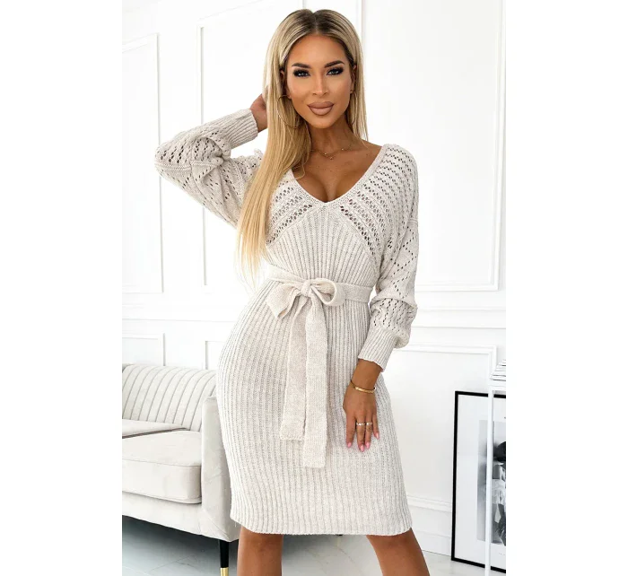 507-1 Ažurové svetrové šaty s výstřihem a vázáním - BEACH