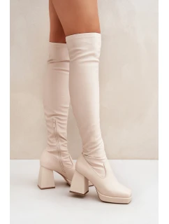 kozačky nad kolena na podpatku jasně béžové model 21681387 - Boto