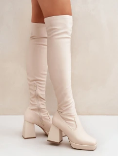 kozačky nad kolena na podpatku jasně béžové model 21681387 - Boto