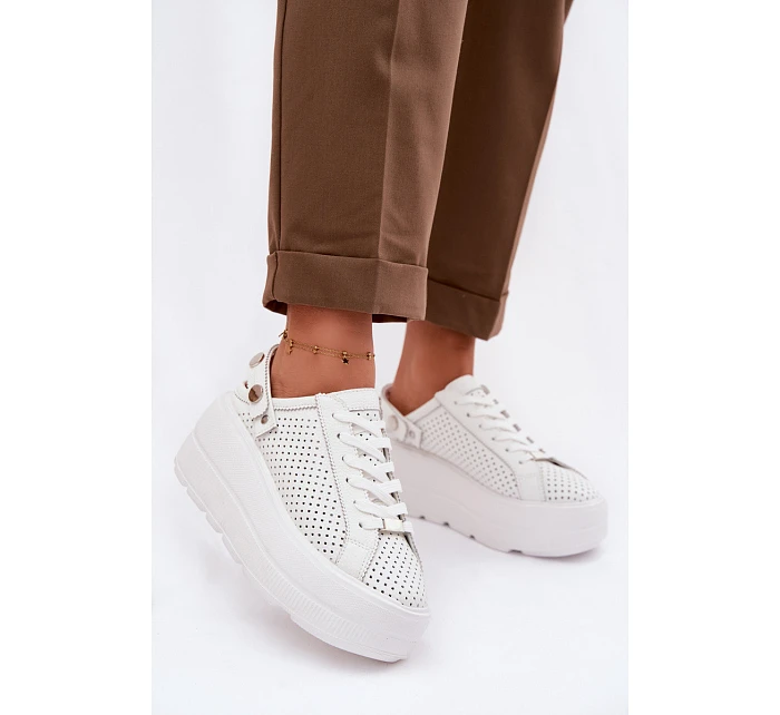 Kožené Ažurové Dámské Tenisky Na Platformě S Páskem Na Patě D&A LR61-7088 Bílé