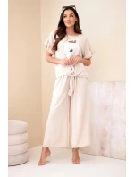 Dámský viskózový komplet s halenkou s potiskem a kalhotami béžový