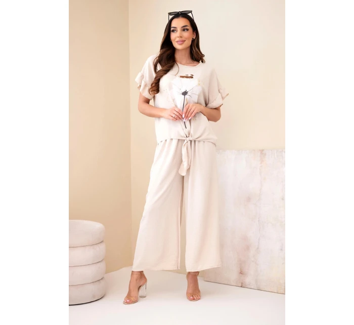 Dámský viskózový komplet s halenkou s potiskem a kalhotami béžový