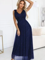 637-3 Večerní dlouhé šaty s brokátovým akcentem a hlubokým výstřihem - tmavě modré