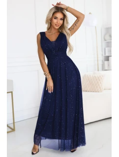 Večerní dlouhé šaty s  a hlubokým výstřihem tmavě modré model 21753485 - numoco basic