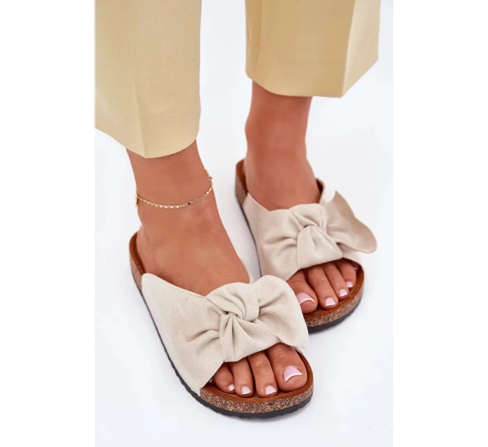 Dámské pantofle na korkové podešvi s mašlí – béžové