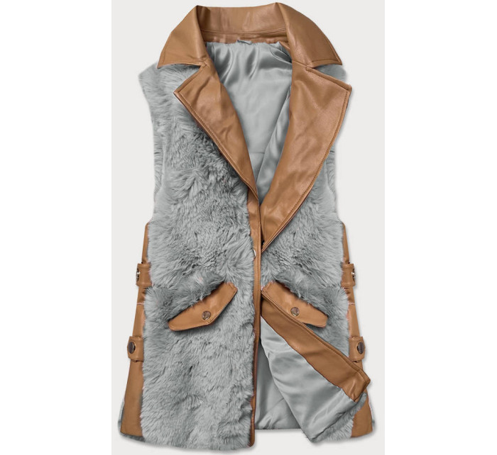 Elegantní vesta v karamelovo-šedé barvě z eko kůže a kožešiny (BR9592-9022)