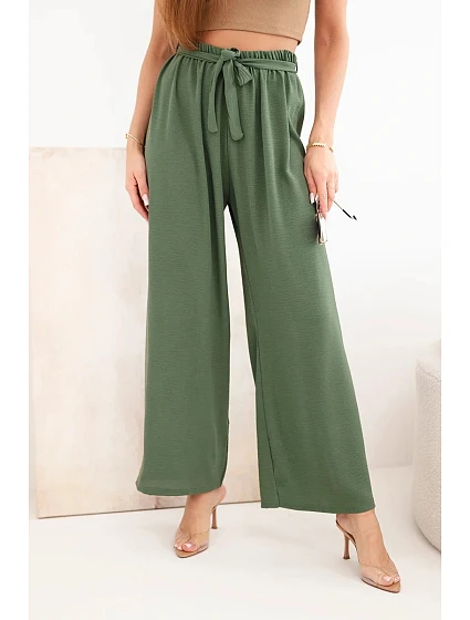 Kalhoty se širokým pasem a zavazováním v pase khaki Kalhoty se širokým pasem a zavazováním v pase khaki