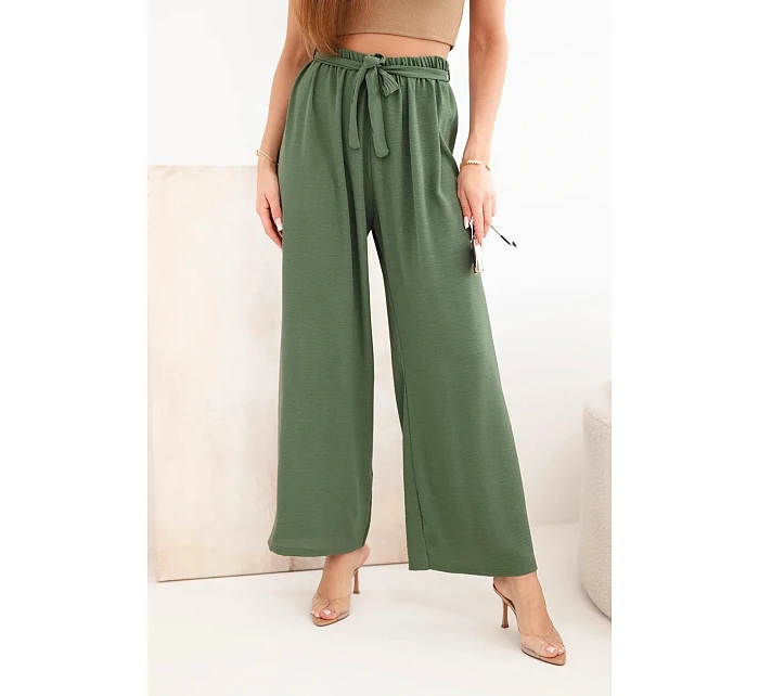 Kalhoty se širokým pasem a zavazováním v pase khaki Kalhoty se širokým pasem a zavazováním v pase khaki