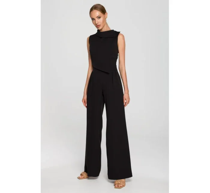 M702 Overal bez rukávů s límečkem - černá