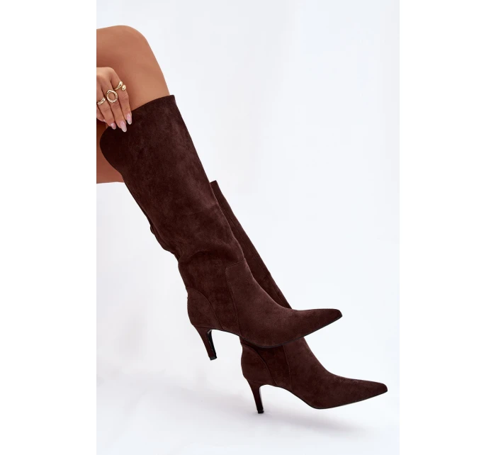 Dámské kozačky na jehlovém podpatku zateplené – čokoládové Arelisse Dámské kozačky na jehlovém podpatku zateplené – čokoládové Arelisse