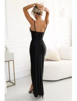 483-7 DIANE saténové dlouhé šaty s rozparkem na nohou - ČERNÉ 483-7 DIANE saténové dlouhé šaty s rozparkem na nohou - ČERNÉ