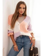 Dámský svetr s knoflíky pruhovaný fialový + meruňkový