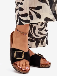 Dámské pantofle s přezkou na korkové platformě – černé Zavira