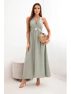 Dámské viskózové maxi šaty vázané na krku s ozdobnou sponou khaki