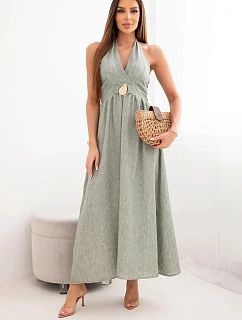Dámské viskózové maxi šaty vázané na krku s ozdobnou sponou khaki