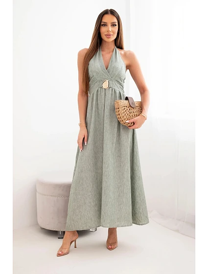 Dámské viskózové maxi šaty vázané na krku s ozdobnou sponou khaki Dámské viskózové maxi šaty vázané na krku s ozdobnou sponou khaki