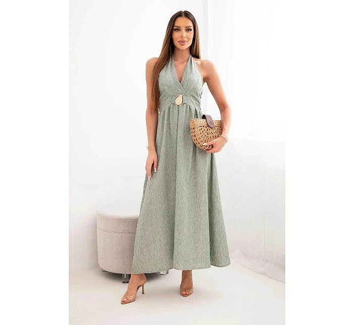 Dámské viskózové maxi šaty vázané na krku s ozdobnou sponou khaki Dámské viskózové maxi šaty vázané na krku s ozdobnou sponou khaki