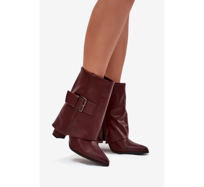 Dámské zateplené kotníkové botky na sloupku s ohrnovací manžetou a přezkou – bordó Ylenara Dámské zateplené kotníkové botky na sloupku s ohrnovací manžetou a přezkou – bordó Ylenara