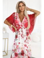 Vzdušné maxi šaty s obálkovým výstřihem a květinovým vzorem RED model 21151839 - numoco basic Vzdušné maxi šaty s obálkovým výstřihem a květinovým vzorem RED model 21151839 - numoco basic