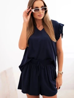 Dámská souprava z model 21214027 blůza s volány a krátké šortky modré - K-Fashion