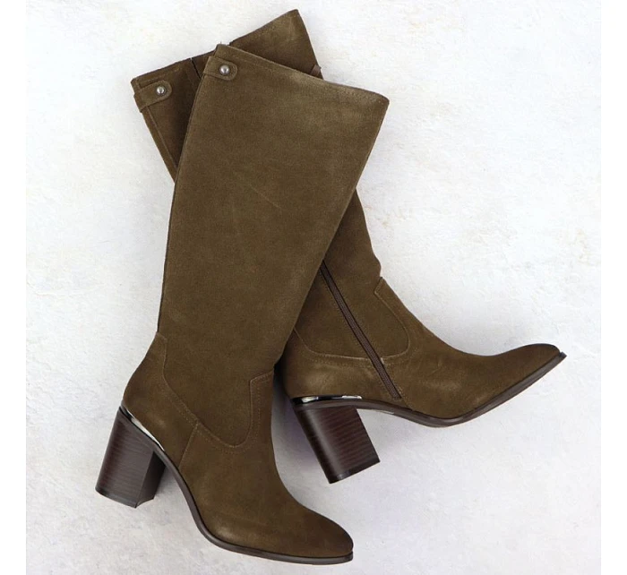 Dámské khaki kožené boty na jehlovém podpatku Sergio Leone 25668
