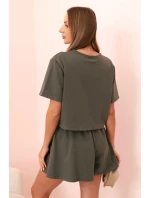 Dámský bavlněný komplet s širokými šortkami khaki