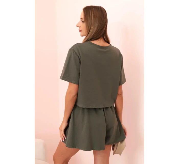 Dámský bavlněný komplet s širokými šortkami khaki