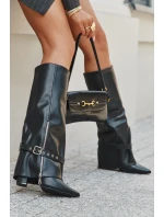 Dámské kozačky nad koleno na sloupkovém podpatku s ozdobným páskem Jolivine – černé