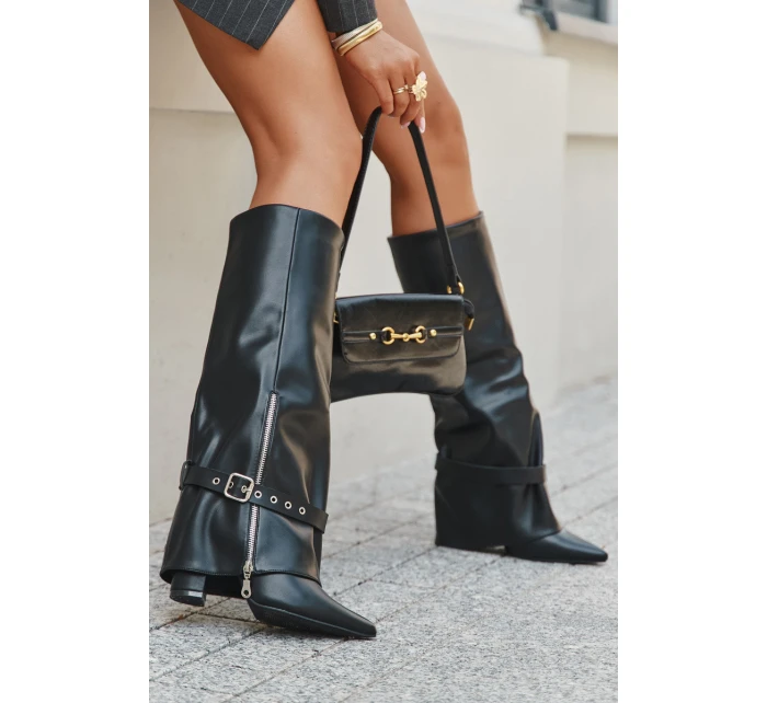 Dámské kozačky nad koleno na sloupkovém podpatku s ozdobným páskem Jolivine – černé
