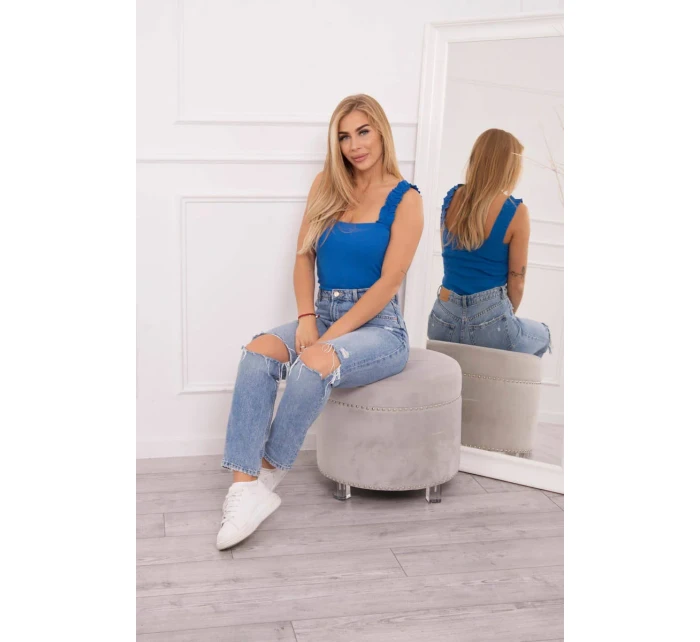 Halenka bez ramínek s volánky chrpově modrá Halenka bez ramínek s volánky chrpově modrá