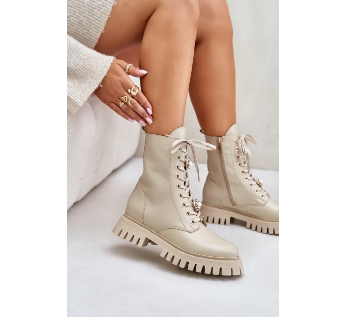 Kožené botky s na zip  Béžové model 21675548 - CheBello