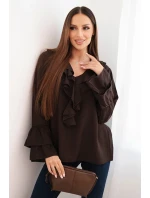 Dámská blůza z viskózy s volány a dlouhým rukávem hnědá Dámská blůza z viskózy s volány a dlouhým rukávem hnědá