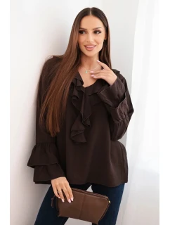 Dámská blůza z viskózy s volány a dlouhým rukávem hnědá