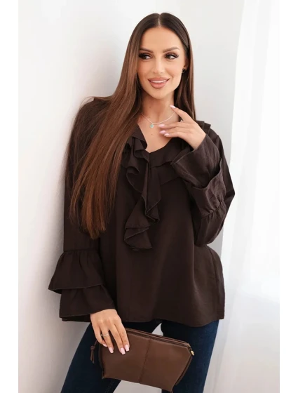 Dámská blůza z viskózy s volány a dlouhým rukávem hnědá Dámská blůza z viskózy s volány a dlouhým rukávem hnědá