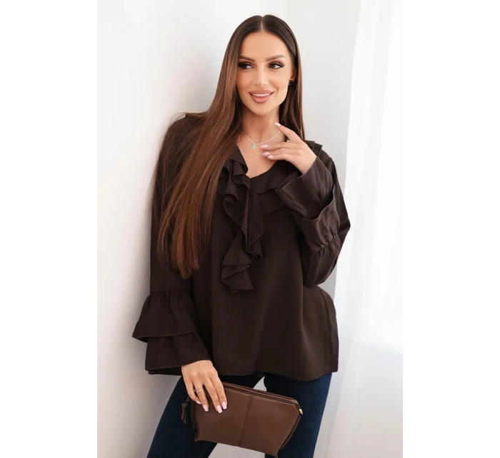 Dámská blůza z viskózy s volány a dlouhým rukávem hnědá Dámská blůza z viskózy s volány a dlouhým rukávem hnědá