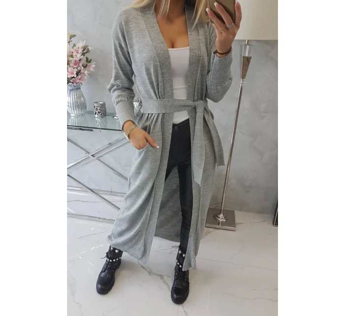 Svetr dlouhý svetr vázaný v pase šedý