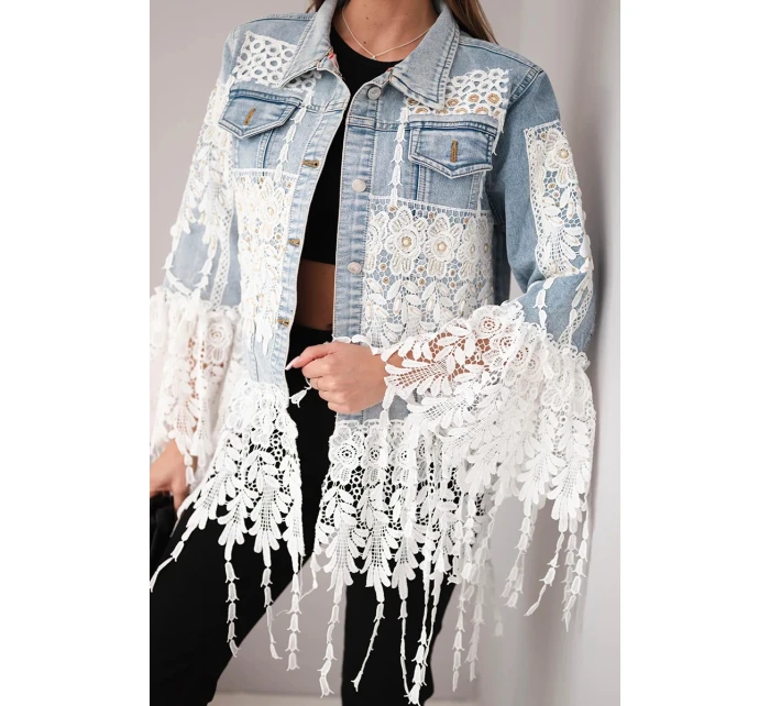 Dámská džínová bunda bavlněná s krajkou a třásněmi jasně džínová