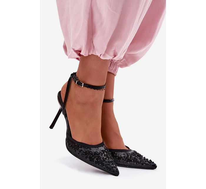 Dámské sandály na podpatku zdobené flitry a korálky Černé Nedira