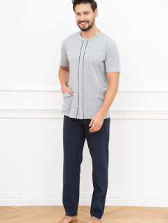 Pánské pyžamo Alcest, krátký rukáv, dlouhé kalhoty - melanž/námořnická modř