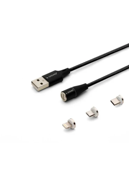 MAGNETICKÝ KABEL SAVIO USB - USB TYP C, MICRO A LIGHTNING, 2 M, ČERNÝ CL-155