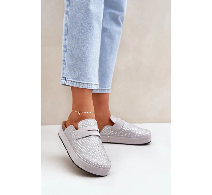 Dámské Pantofle Zdobené Kryštály Na Platformě Šedé Deorani Dámské Pantofle Zdobené Kryštály Na Platformě Šedé Deorani