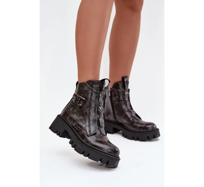 Dámské lakované boty Artiker – grafitové, zateplené, s ozdobou