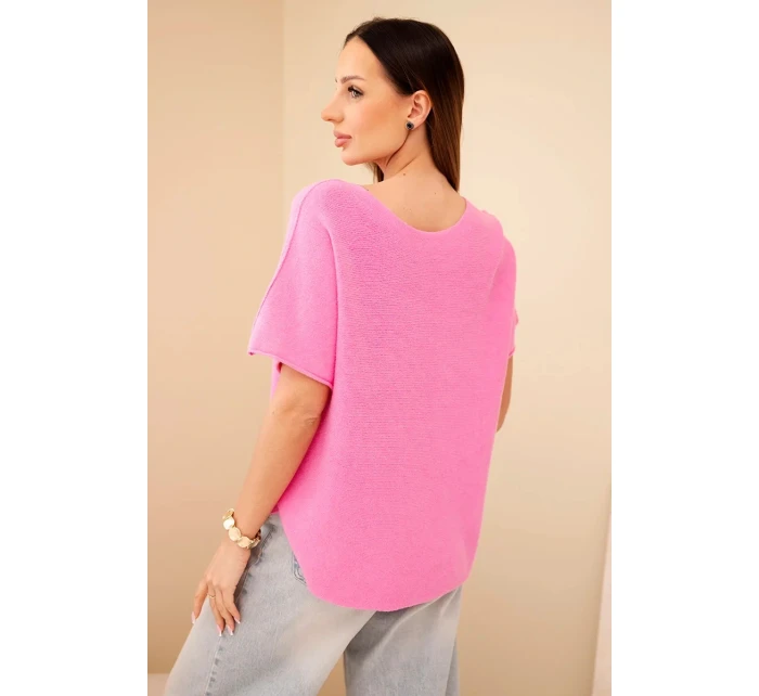 Dámský svetr s krátkým rukávem volného střihu světle růžový