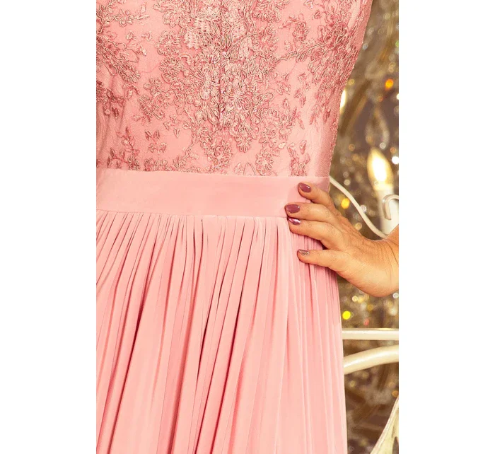 215-4 LEA dlouhé šaty bez rukávů s vyšívaným výstřihem - PASTEL ROSE