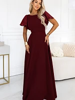 694-3 MIRELLA Elegantní maxi šaty s rozšiřujícími se sukněmi a flitrovými rukávy – vínová