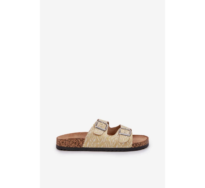 Materiálové pantofle na korkové podrážce s přezkami žluté Atera Materiálové pantofle na korkové podrážce s přezkami žluté Atera